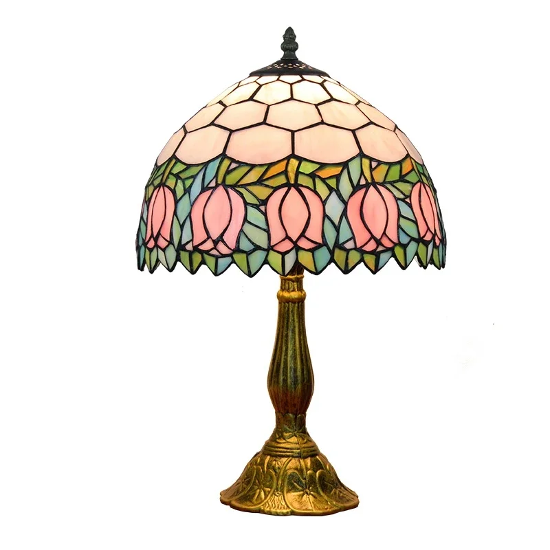 30CM American Pink Tulip Bedroom Tiffany's Stained Glass Rustic Retro Bar Desk Lamp 110-240V Bedroom Bedside Lamp