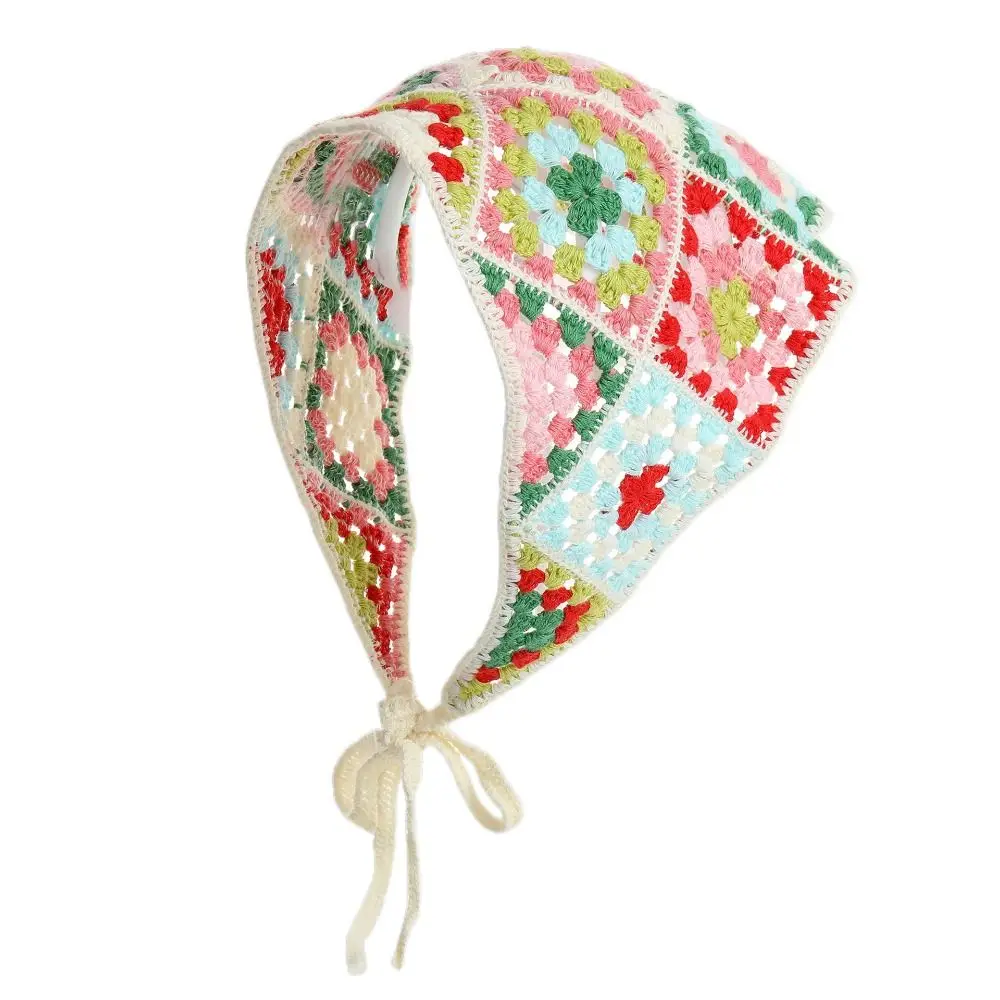 

Многоцветная вязаная повязка на голову с цветком, французский ретро маленький ромашка, вязаный крючком треугольный платок, аксессуары для волос, реквизит для фотосессии