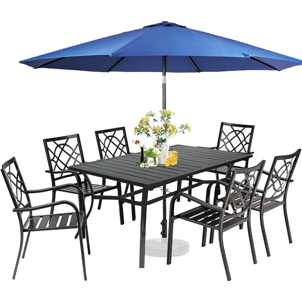 Outdoor Wrought Iron Chairs and Table Patio Dining Furniture Set - Stackable Metal Chairs, Steel Slat Bistro Table for Garden