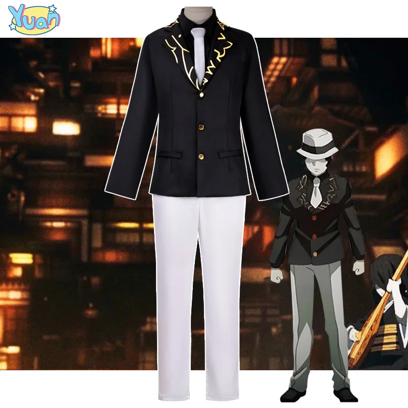 

Anime Demon Slayer Muzan Kibutsuji Cosplay Costume Full Set Black Blazer White Pants Gold Trim Jacket Tie Outfit Halloween Party