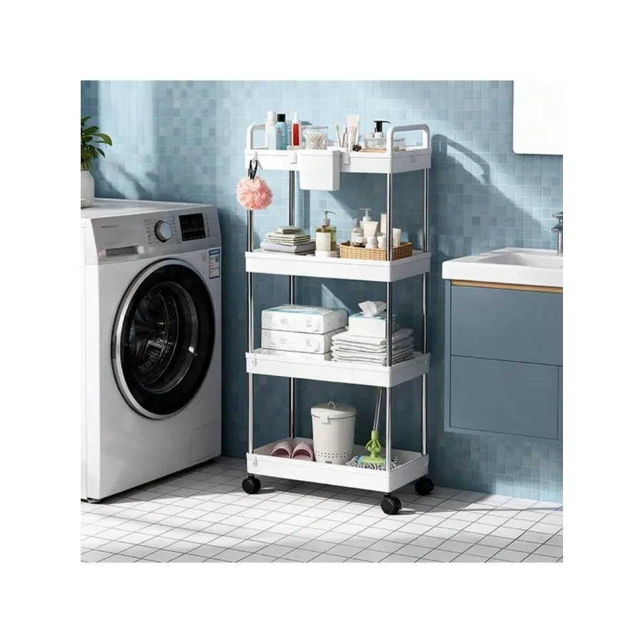 4-Tier Rolling Storage Cart Drawers & Hooks/Cup Holders - Durable Plastic Mobile Organizer Cart For Kitchen, Bathroom, Room