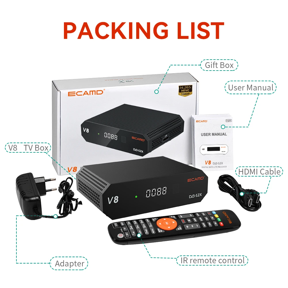 ECAMD V8 récepteur TV par Satellite Cccam Newcam Mgcam DVB-S/S2/S2X 1080P HD 2.4G WIFI HEVC décodeur