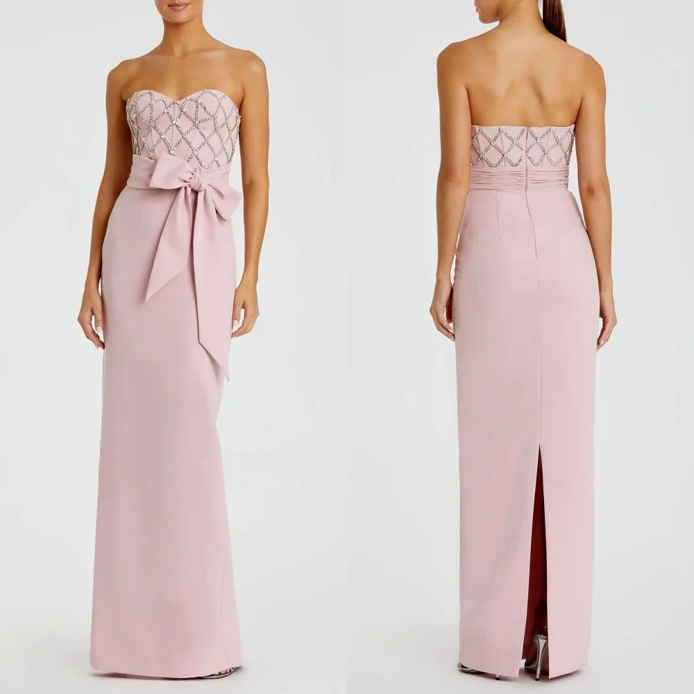 

Customized Simple Fashion Jersey Bow Sash Rhinestone Pleat Straight Sweetheart Midi Dresses Bespoke Occasion Dresses Exquisite