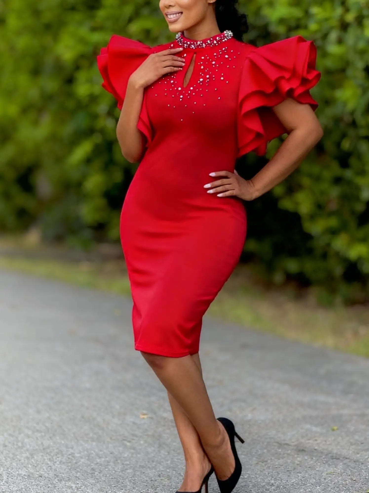 Elegant Plus Size Women's Pearl Embellished Bodycon Dress