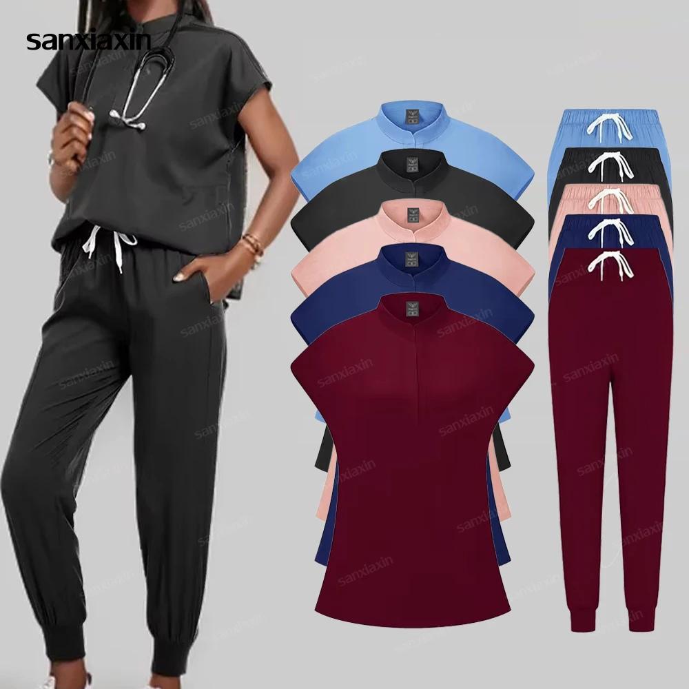 Plus Size Scrubs Set Women Medical Nurse Uniforms Stand Neck V-cut Scrub Top Jogger Pants Vet Doctor Healthcare Workers Workwear