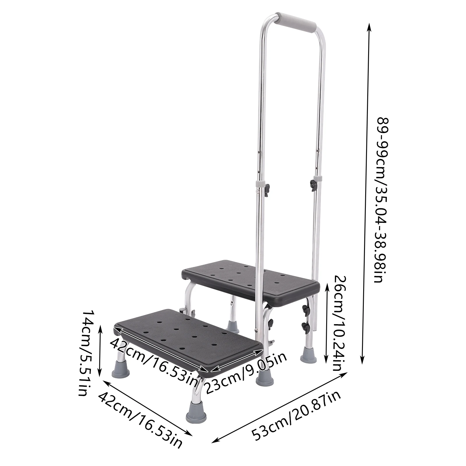 2-Step Stool with Handle for Elderly, Non-Slip Bedside Steps with Adjustable Handrail, Medical Footstool, Capacity 220lbs, Black