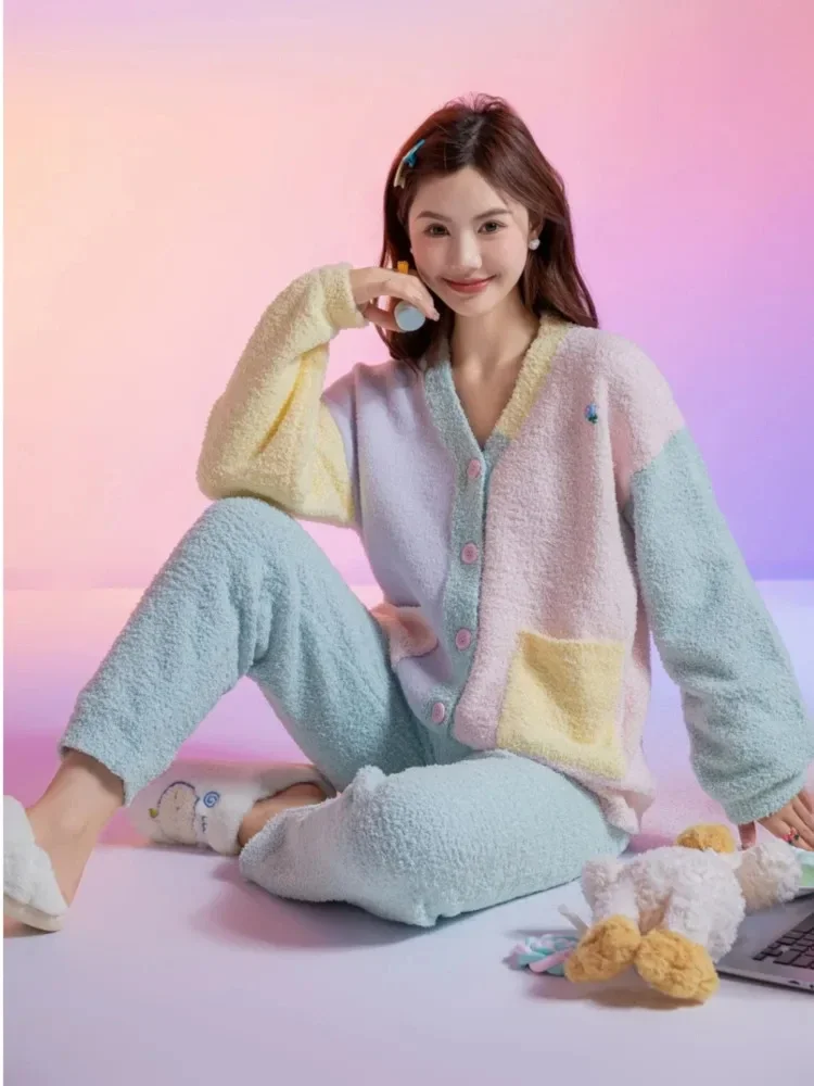 

Patchwork Color Women's Pajama Set Winter Long Sleeve Ladies Fleece Sleepwear 2 Pcs with Pants Velvet Pyjama Suit for Female