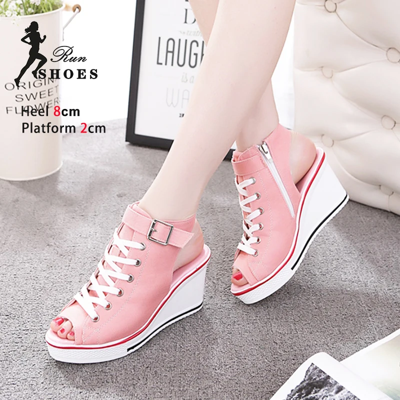 8CM Casual Canvas Shoes 2024 Spring Summer Sexy Peep Toe Hollow Women Shoes Breathable High-top Outdoor Platform Chaussure Femme