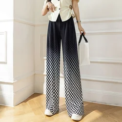 Summer Plaid Checked Tie Dye Pants Woman 2025 Elasticity Casual Straight Vintage Loose Baggy Womens Ice Silk Trousers Tailoring