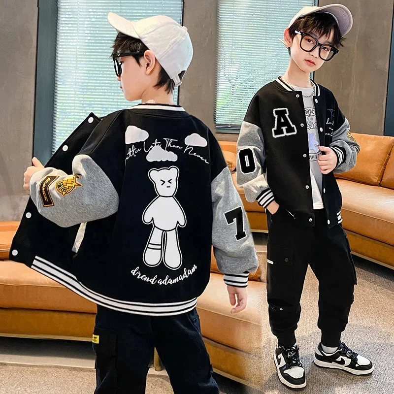 Autumn Boys Spring Contrast Alphabet Sweat Varsity Jackets School Kids Outfit Tops Child Single-Breasted Track Coat 3-14Yr