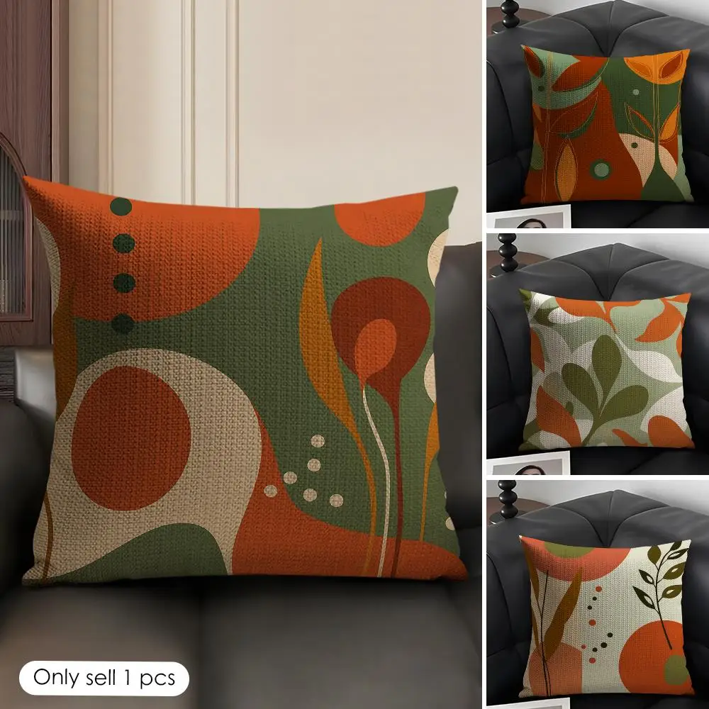 Abstract Orange Green Leaf Cushion Cover Natural Linen Organic Fabric Double-Sided Printing Breathable Perfect Gift For Decor