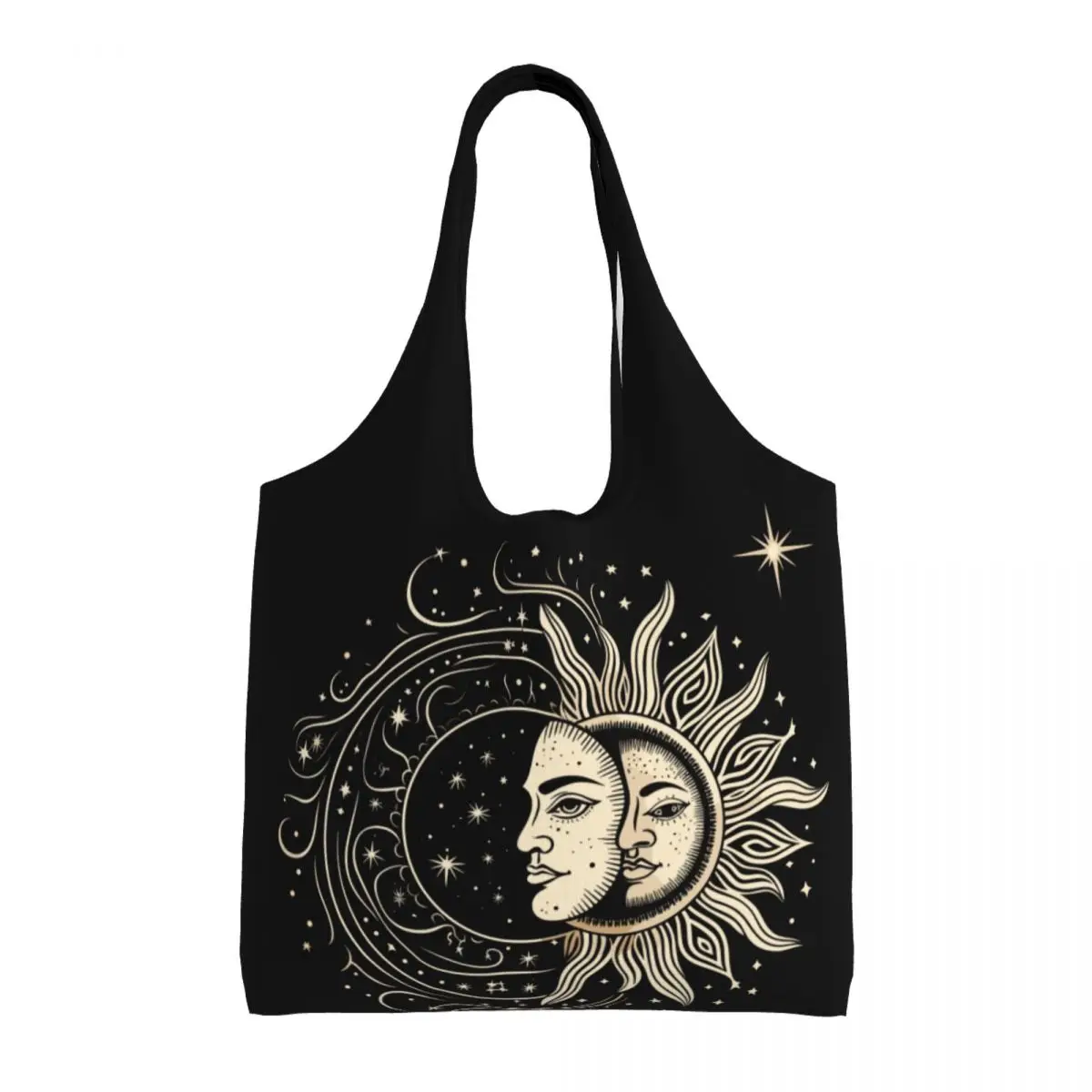 Custom Sun And Moon Canvas Shopping Bags Women Portable Large Capacity Groceries Shopper Tote Bags