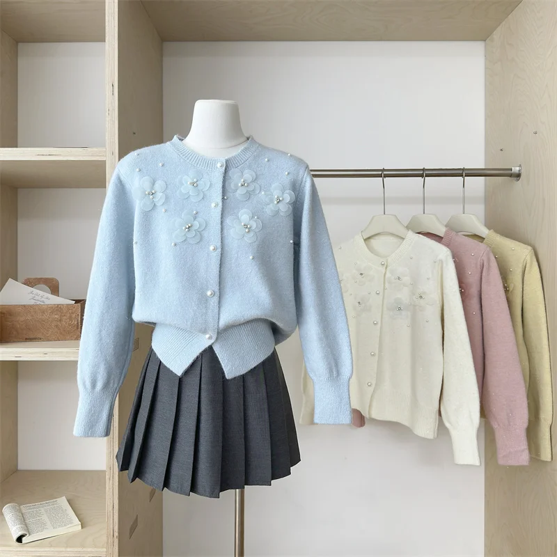 

French Style Heavy Embellished 3D Flower Pearl Pink Sweater Women's Autumn Winter Soft Lazy Knitted Open Cardigan Top