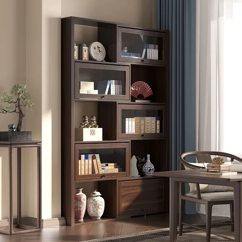 

Retractable bookcase, locker integrated with glass door, floor-to-ceiling whole wall display cabinet, living room storage