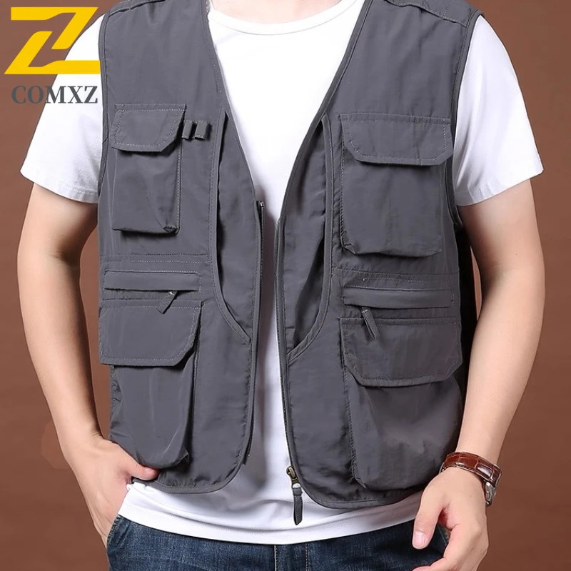 

2025 Men Vest Spring Autumn Multi Pocket Quick Dry Casual Outdoor Workwear Sport Sleeveless Fishing Plus Size Waistcoat Jacket