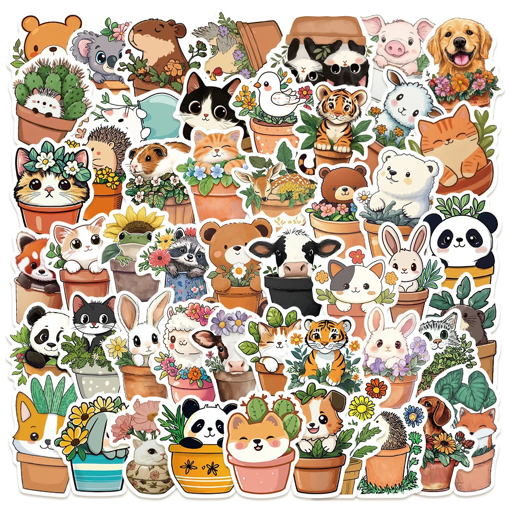 10/30/50pcs Kawaii Cartoon Flower Pot Animal Stickers Cute Rabbit Panda Cat Graffiti Decals Scrapbook Laptop Phone Sticker Toys