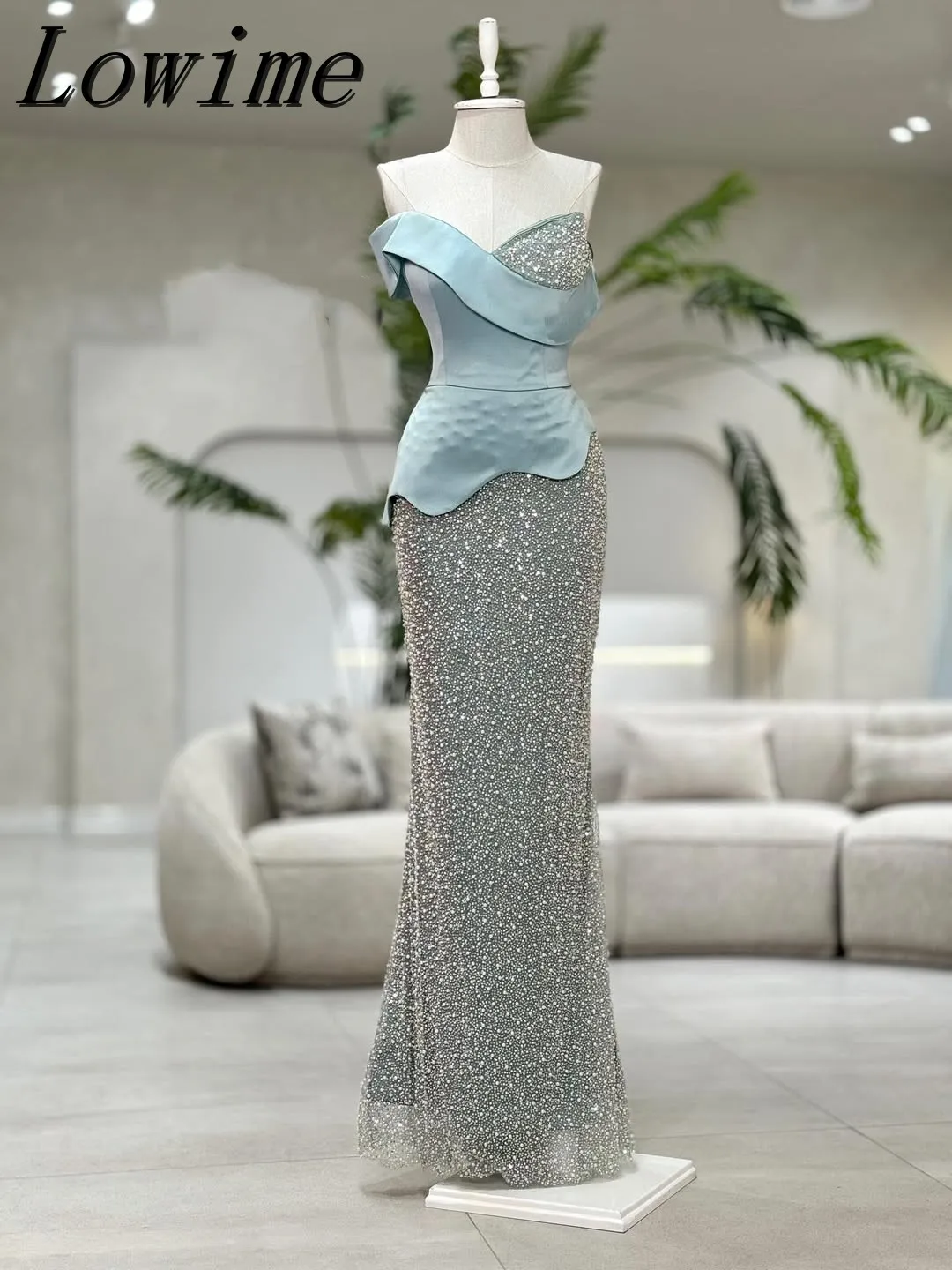 

2025 Customized Beading Strapless Mermaid Long Dresse Women's Elegant Sky Blue Bespoke Sweetheart Prom Dress