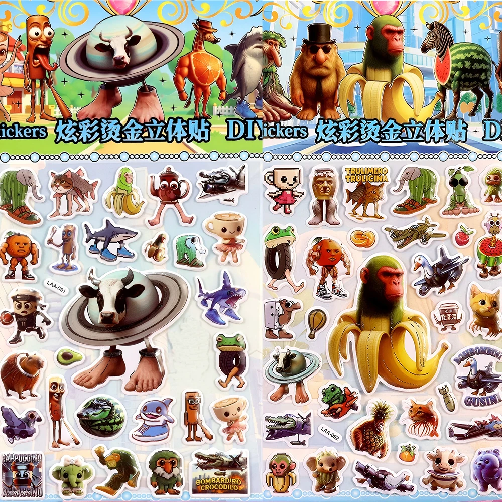 Tung Tung Sahur 3D Puffy Bubble Stickers Italian Brainrot Cartoon Abstract Animal Decals for Scrapbook Laptop Guitar Sticker Toy