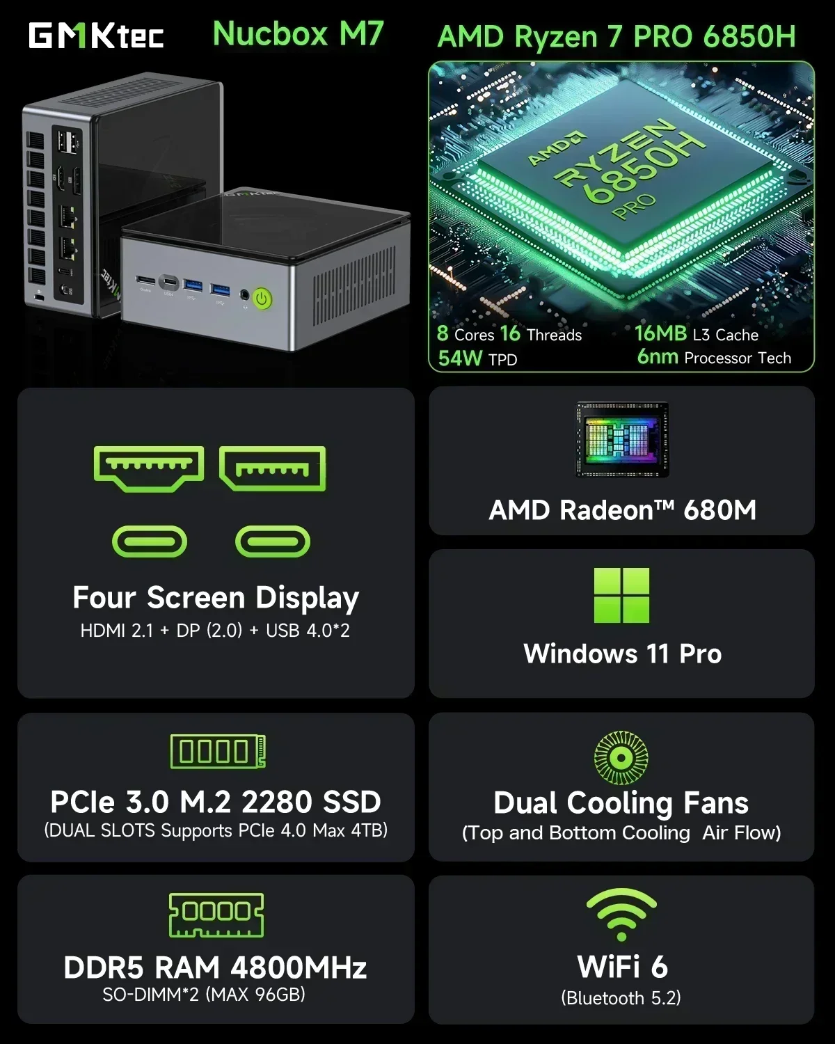 GMKtec M7 Ryzen 7 6850H Mini PC Windows 11 DDR5 4800MHz Pcie 3.0 NVMe SSD Wifi6 BT5.0 2.5G LanX2 Oculink Desktop Gamer Computer