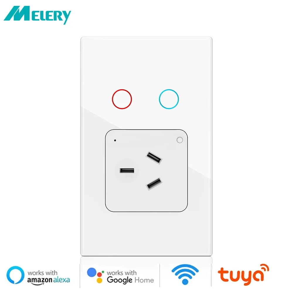 Melery Tuya WiFi Austrial Wall Socket  Smart Life Light Switch AU Plug Outlet Touch Sensor Glass Panel by Alexa Google Home