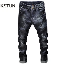 KSTUN-pantalones vaqueros rasgados para hombre, ropa de calle desgastada, ajustada, elástica, azul oscuro, informal, Retro, de motorista, hip hop