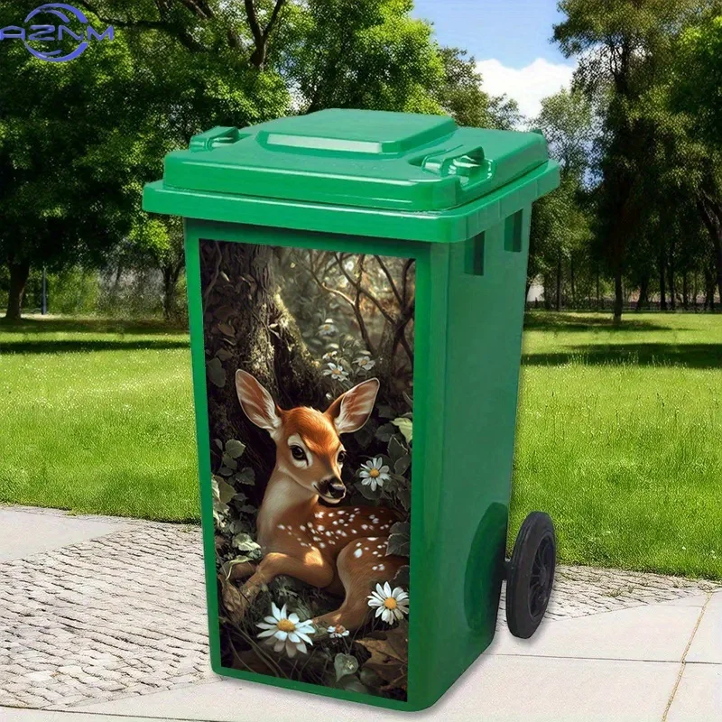 2D Flat 1pc Trash Can Stickers Garbage Bin Decals Featuring A Small Deer with Big Ears Nestled Among Flowers Peel-And-Stick Lu