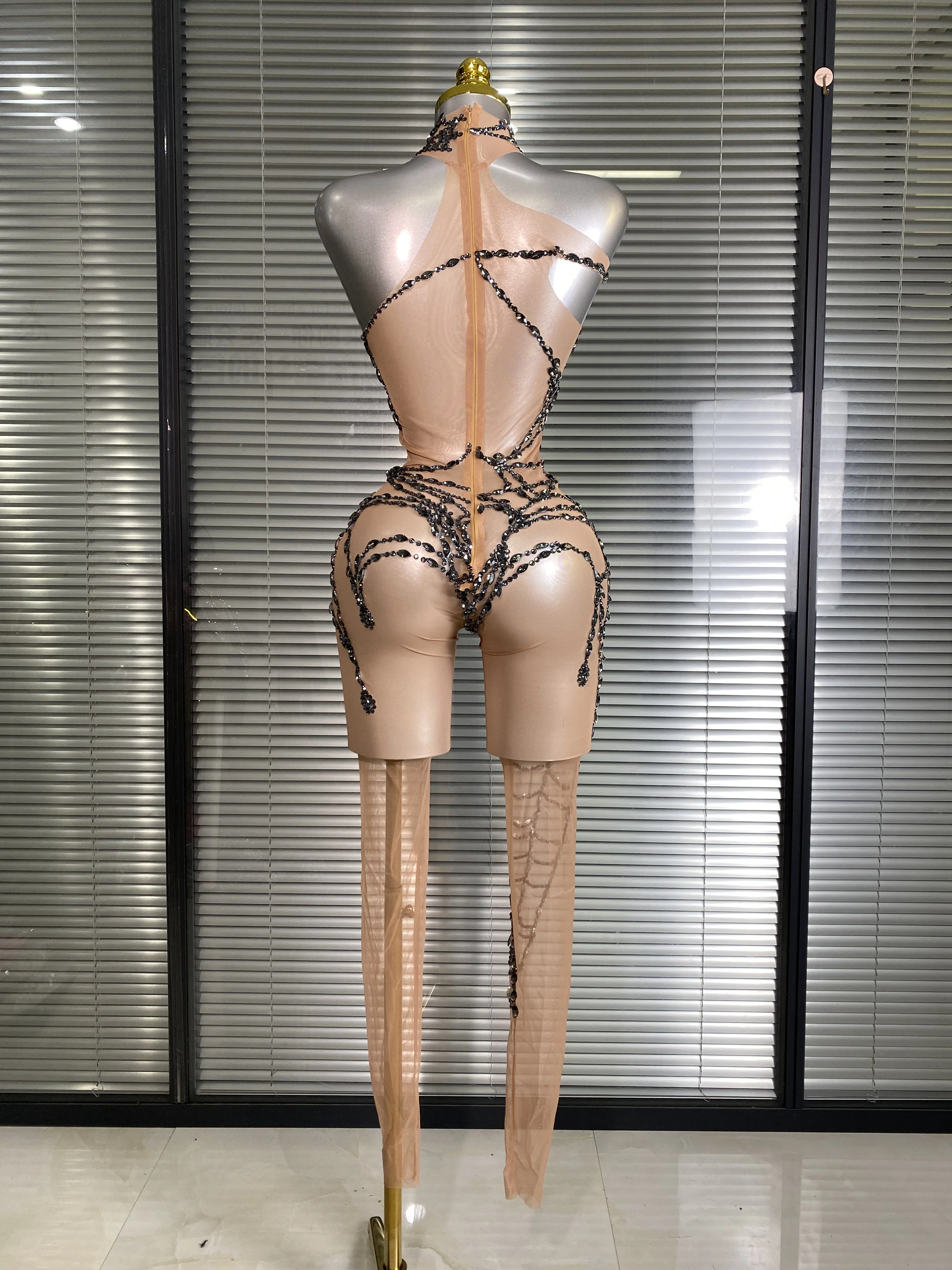 Women Sexy Crystal Jumpsuit Celebrity Designer Spider Web Stretchy Mesh Sheer Black Skin Singer Dancer Stage Night Club Rompers