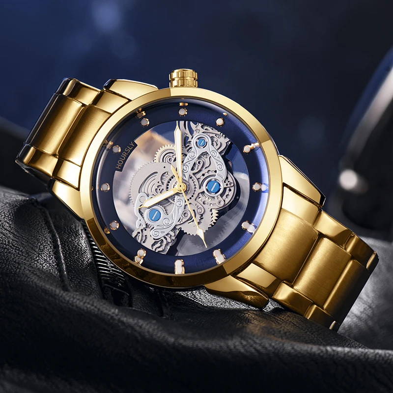 Luxury Men Watch Male Quartz Wristwatch Black Blue Gold Skeleton Hollow Dial Stainless Steel Reloj Business Man Steampunk Clock