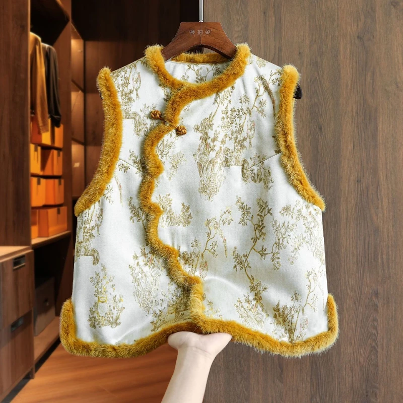 Winter Fall Women Fur Patchwork Yellow Printed Flower Sleeveless Padded Vest Coat , Woman Vintage Floral Pattern Vests Coats
