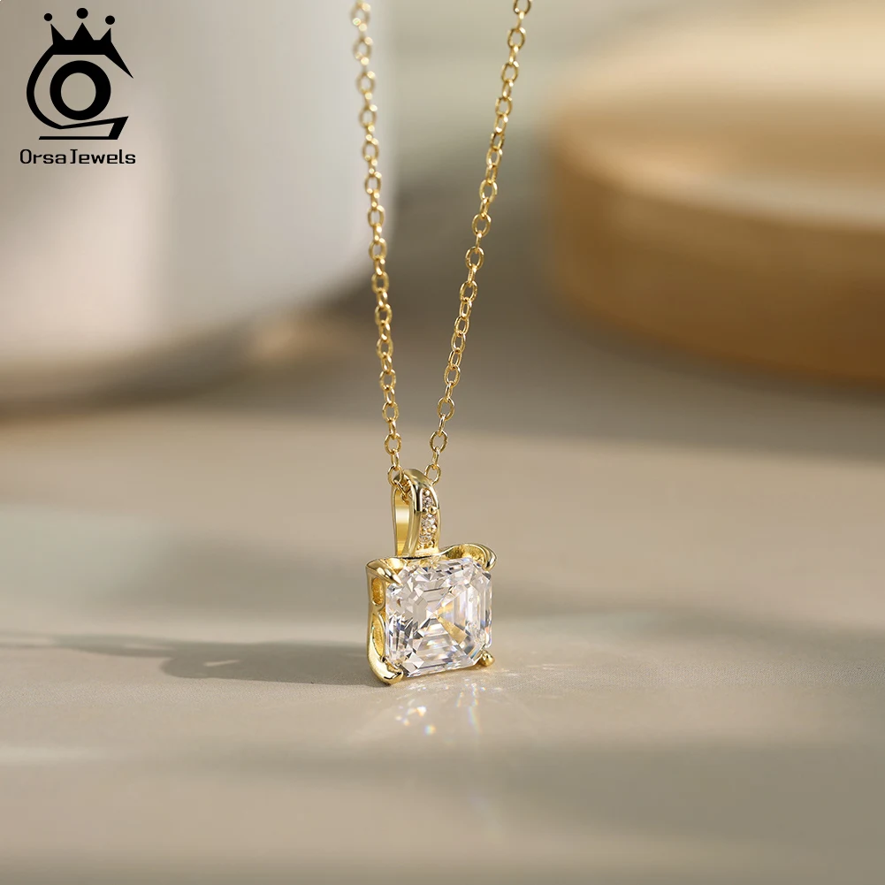 

ORSA JEWELS Trendy 925 Silver 8A Zircon Pendant Necklace Cute Square Chain Choker Fashion Female Party Shiny Jewelry Gift LZN15
