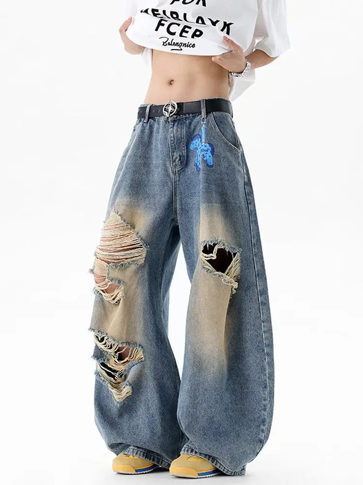 

Women Vintage Washed Ripped Jeans Hiphop Grunge High Waist Denim Long Jean Pants Vintage Harajuku Baggy Wide Leg Denim Trousers