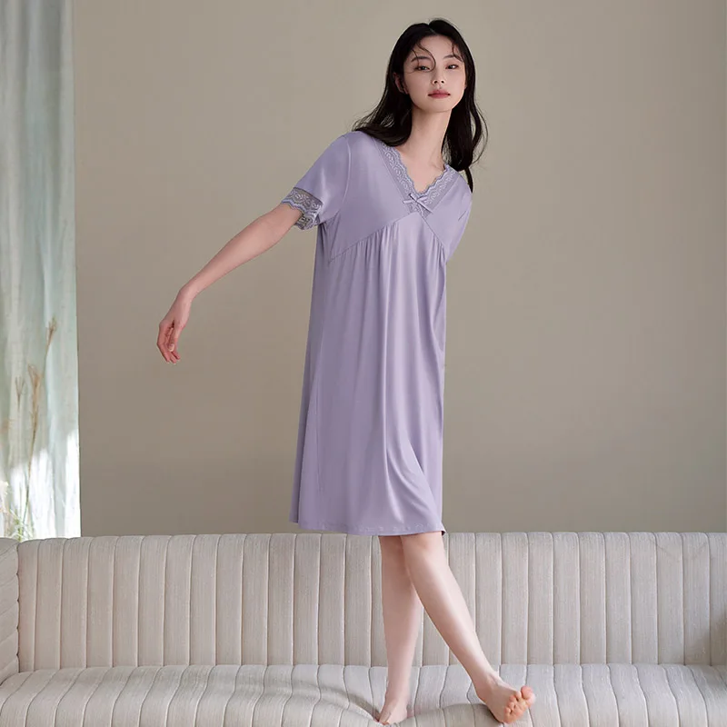 Summer Style Modal Nightgowns Women Short Sleeve Female V-Neck Sleepshirts Lace Nightdress Elegant Solid Color Pijama Feminino
