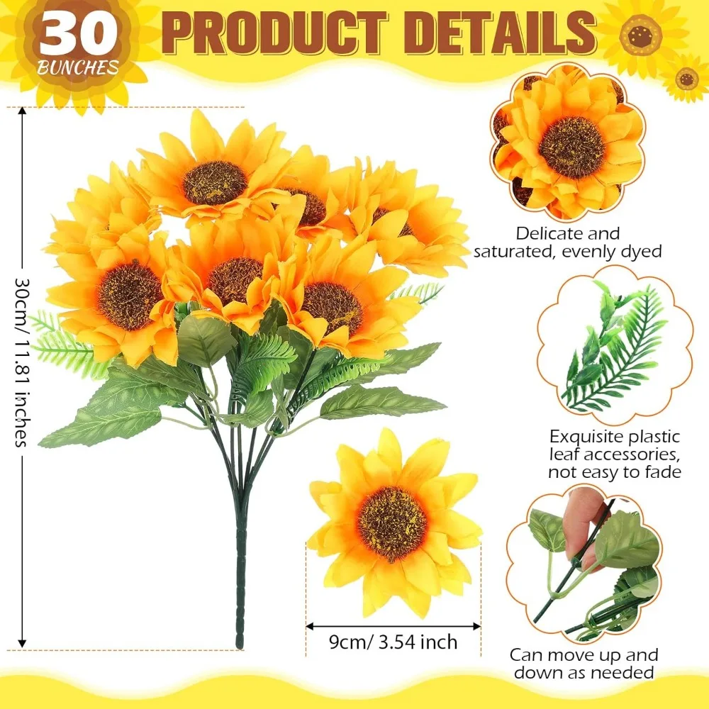 30 Bunches Sunflower Artificial Flowers, Each with 11.8High Bride Holding Silk Sunflower Bouquet Sunflower Decor for Tables