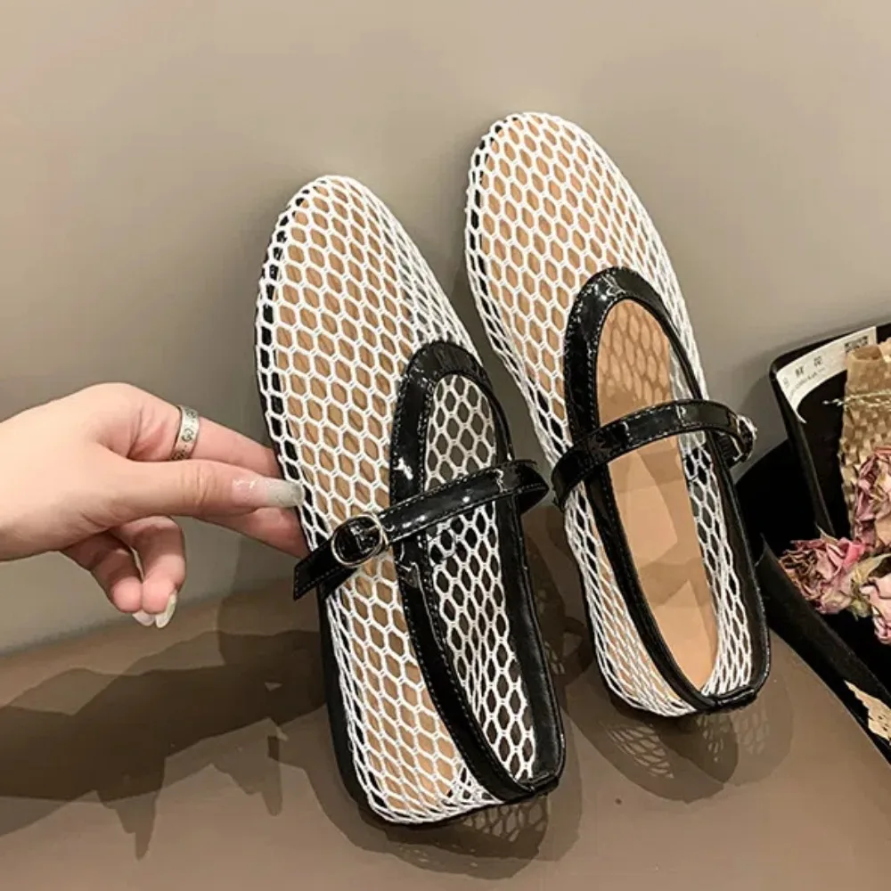 PU Leather Hollow Flat Sandals Black Breathable Single Buckle Ballet Shoes White Anti-slip Fishing Net Loafers Girls