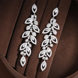 ZAKOL Luxury Shiny Zircon Polish Bridal Wedding Dange Earrings Elegant Marquise Leaf AAA CZ Long Drop Earring Party Jewelry