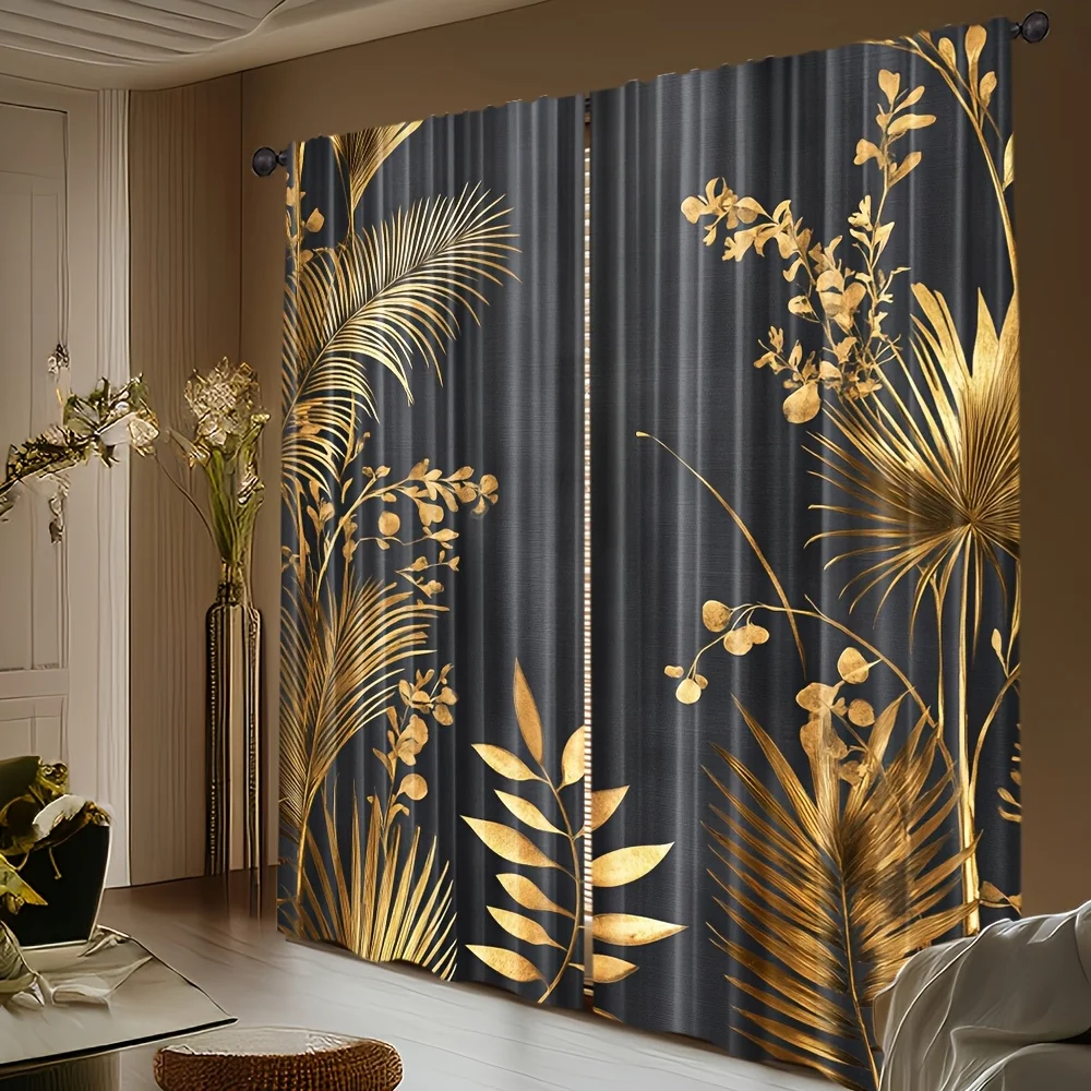 

2 шт. роскошных штор с золотым узором и изображением тропических растений для гостиной, обеспечивающие уединение и декор в современном бохо-стиле. Без карниза.