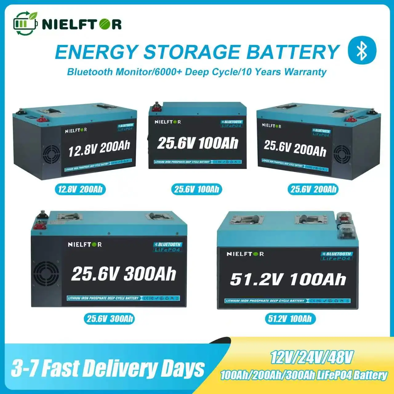 Image of NIELFTOR 12V 24V 48V 100Ah 200Ah 300Ah Lithium LiFePO4 Batterie Metallgehäuse mit A-Klasse-Zellen Smart 100A Integriertes BMS Wiederaufladbare Batterie 6000+ Zyklen für Solar Off-Grid RV Golf Cart EU