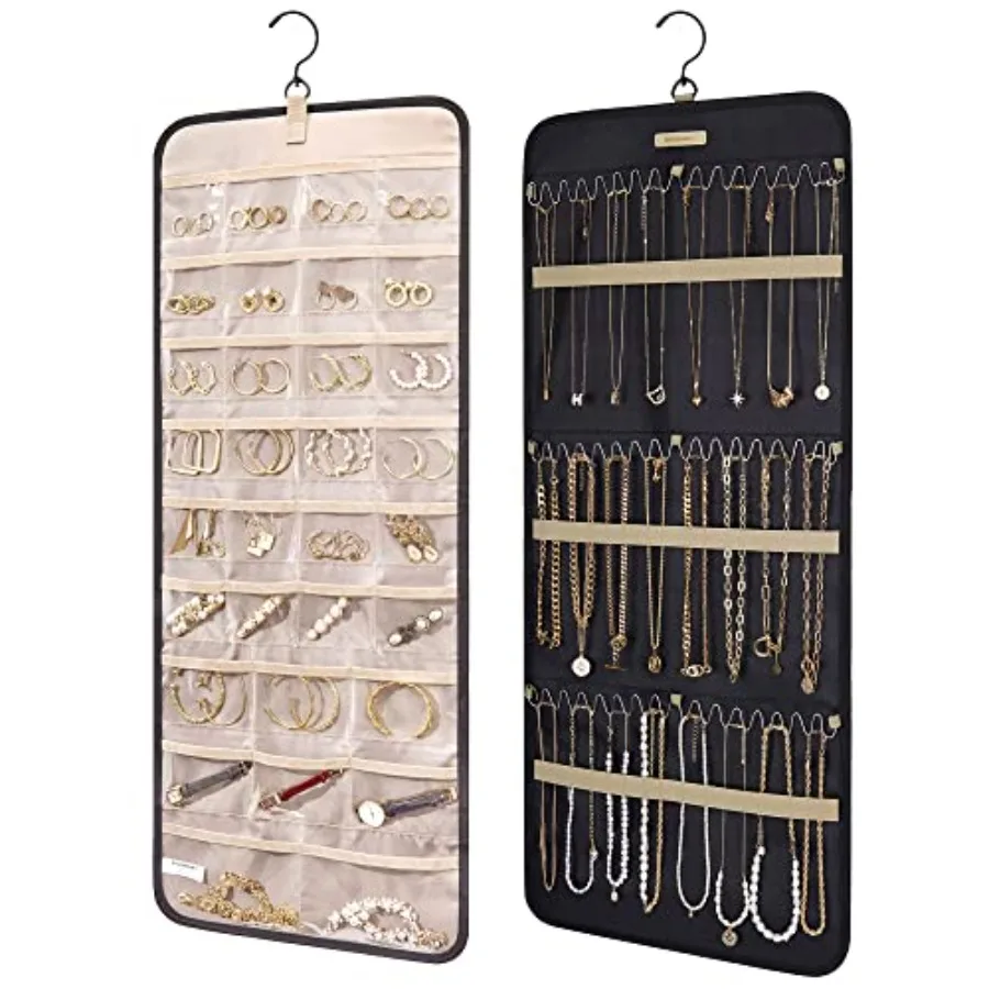 

Hanging Jewelry Organizer Storage Roll with Hanger Metal Hooks Double-Sided Jewelry Holder for Earrings Necklaces Rings on Clos
