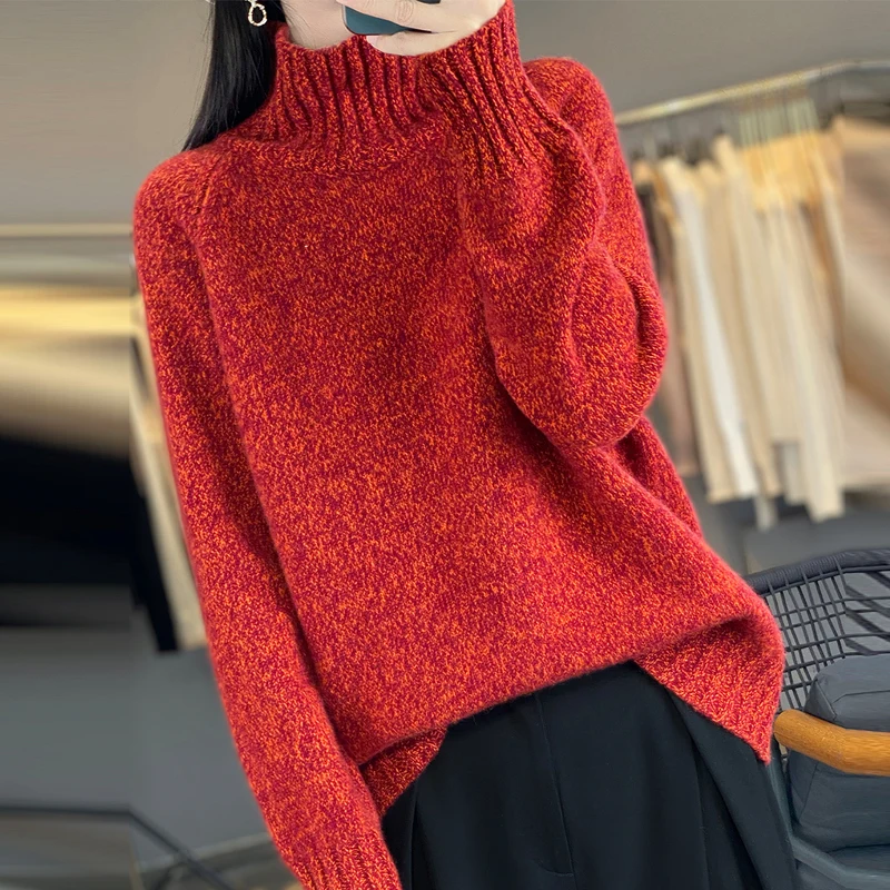 100% كنزة صوف خالص وهمية اثنين من القمصان النسائية الخريف والشتاء شبه عالية الرقبة محبوك قاع