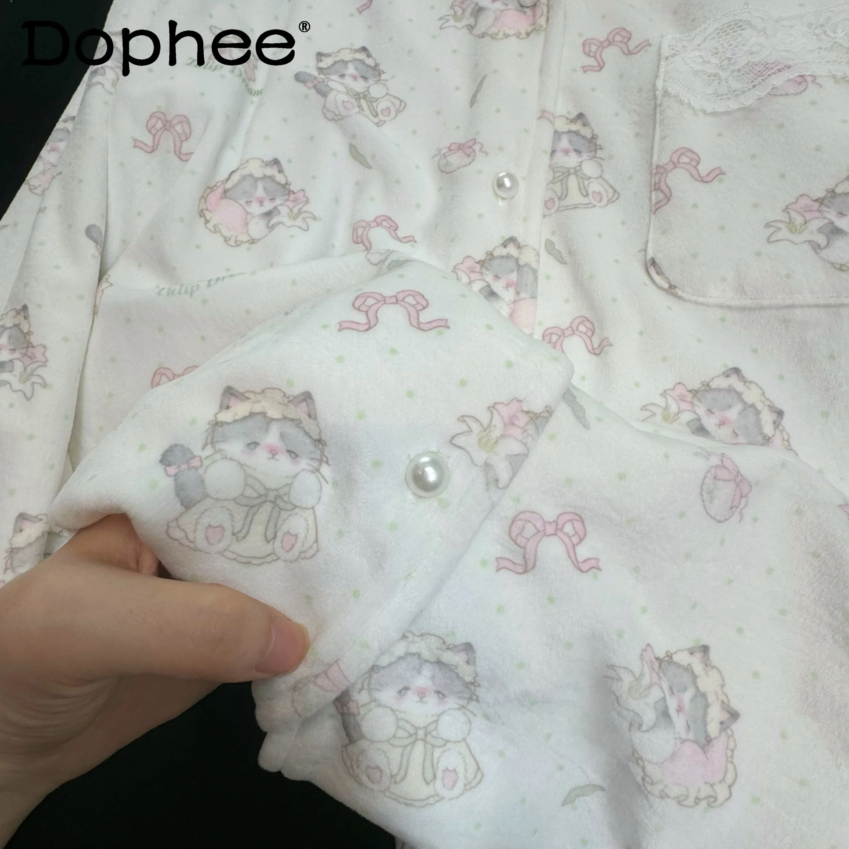 Original Japanese Autumn Winter New Cute Girl Lapel Long-sleeved Pajamas Cartoon Comfortable Soft Warm Thick Loungewear Set