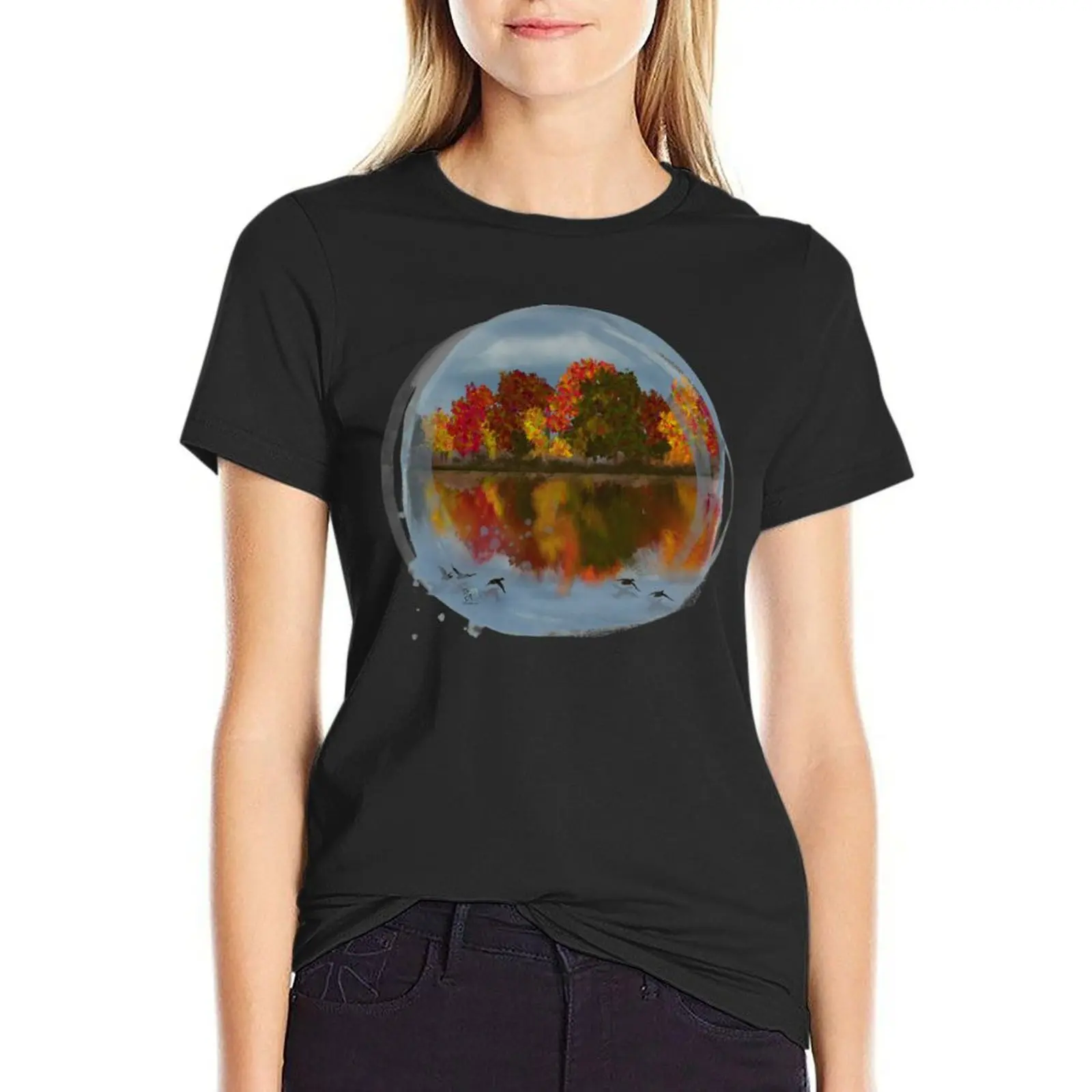 Autumn Days - Watching The Ducks Fly Over The Water - Original Art Painting T-Shirt hippie clothes tops Women clothing