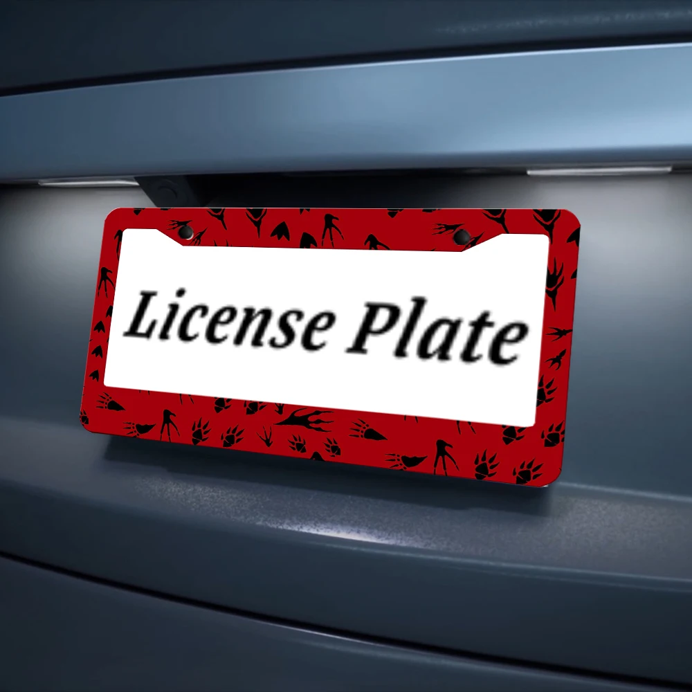 إطار لوحة ترخيص لتزيين السيارة باللون الأحمر مع ديناصور - مثل مطبوعات مخالب، مادة الألومنيوم، فتحتين، مع طقم براغي #5