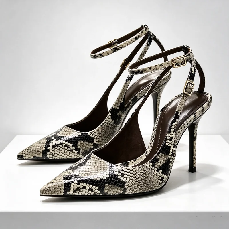 Novelty Snake Print Ankle Strap Buckle Design Brand High Heels Women Sexy Pointed Toe Thin Heel Sandals Fashion Party Dress Shoe