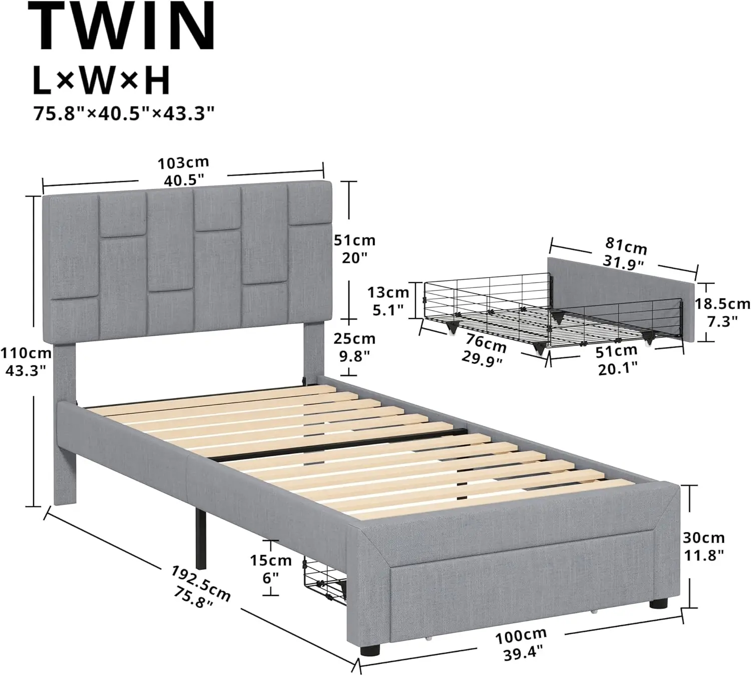 Twin Bed Frame with Under-Bed Drawer, Platform Upholstered Bed with Headboard, No Box Spring Needed/Noise-Free, Light Gr