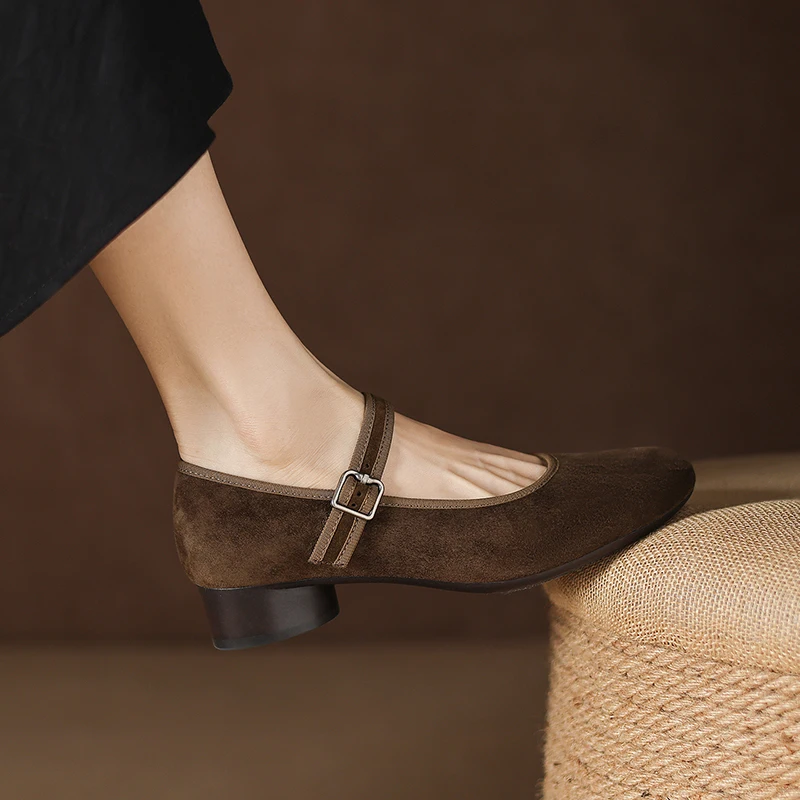 2026 new spring summer women pumps natural leather 22-25cm kid suede +pigskin+sheepskin round toe round heel mary janes shoes
