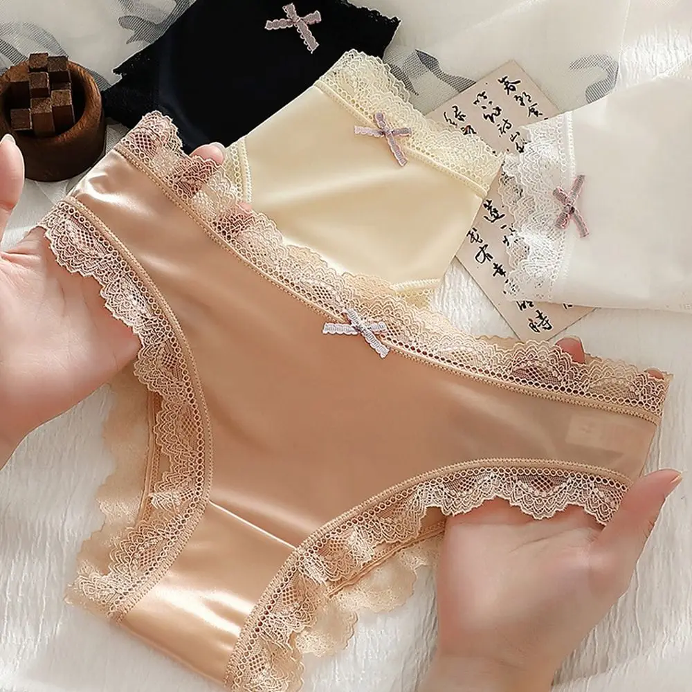 Soft Smooth Low Waist Satin Silk Briefs Seamless Lingerie Ladies' Underwear Thin Lace Bow Sweet Briefs Summmer