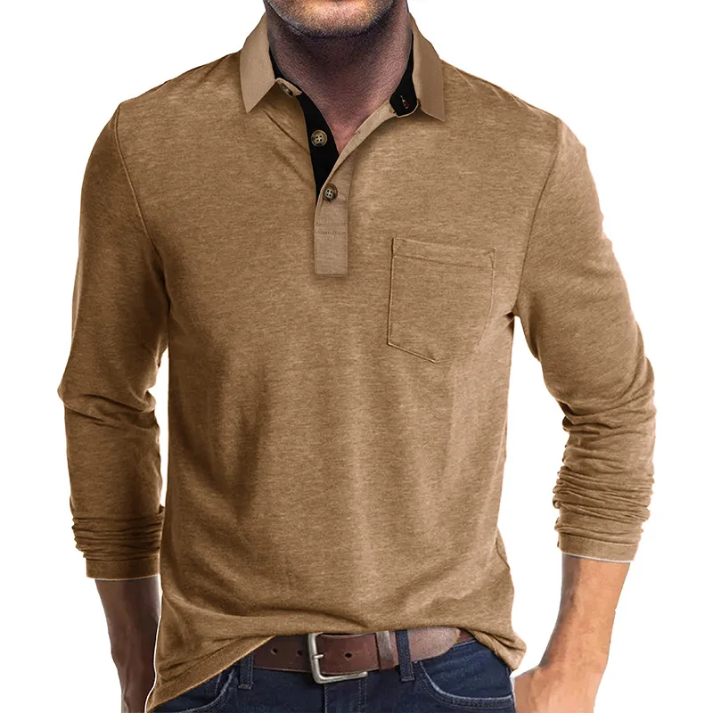 Frühling Trend männer Langarm Casual T-shirt Solide Revers Button Up Pullover Tops Herbst Drehen Unten Kragen Bodenbildung Polo-Shirt – Detail 2