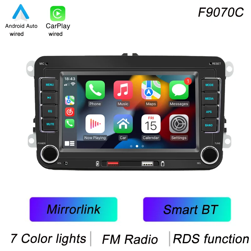 BQCC 7 "HD Auto MP5 Speler FM BT Kleurrijke lichten RDS Radio Mirrorlink USB opladen Draadloos Android AUTO/Carplay voor VW