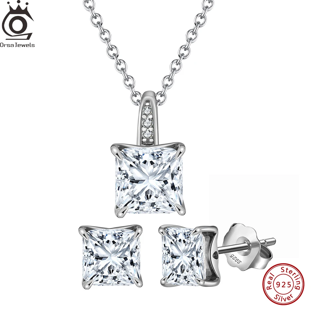 

ORSA JEWELS 925 Sterling Silver Cubic Zirconia Pendant Necklace Stud Earrings Square Shape 8A CZ Jewelry Set Prong Setting LZE19