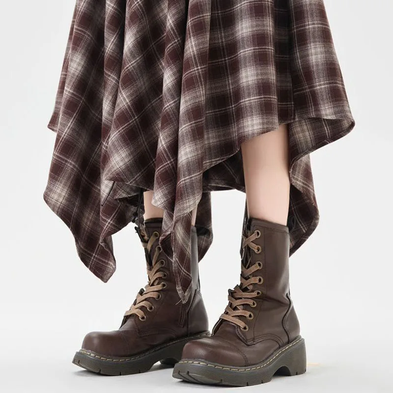 Gonne a portafoglio scozzesi vintage francesi per le donne Gonne lunghe a pieghe a vita alta autunnali Gonne lunghe irregolari Abbigliamento femminile